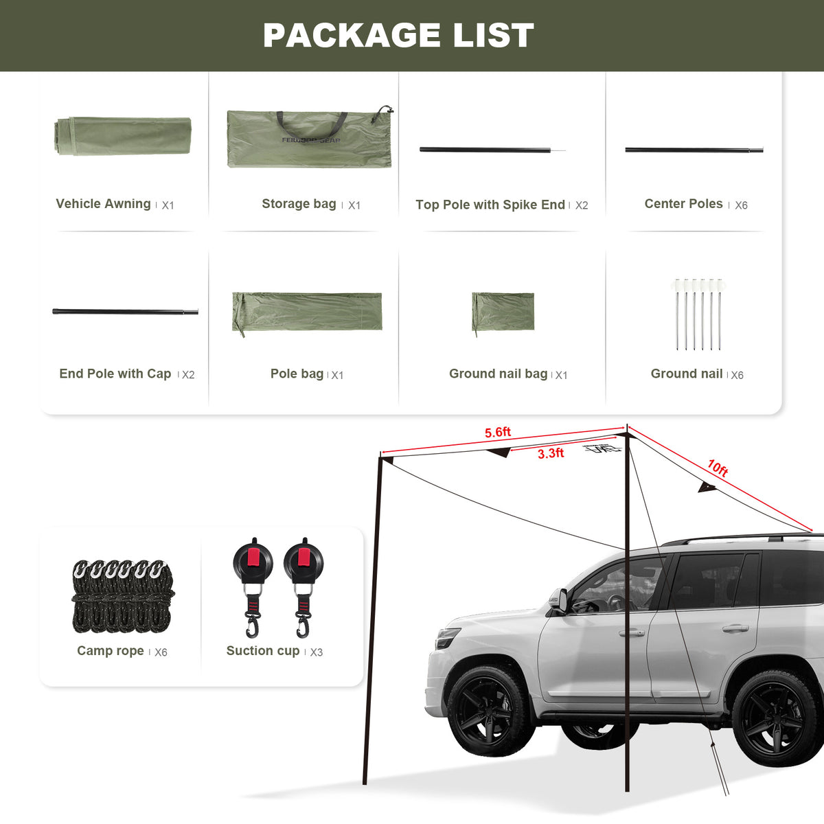Feiwoodgear Car Awning for SUV, 10 x 5.6 ft | Needn't Roof Rack Hardwares, Waterproof & UV50+