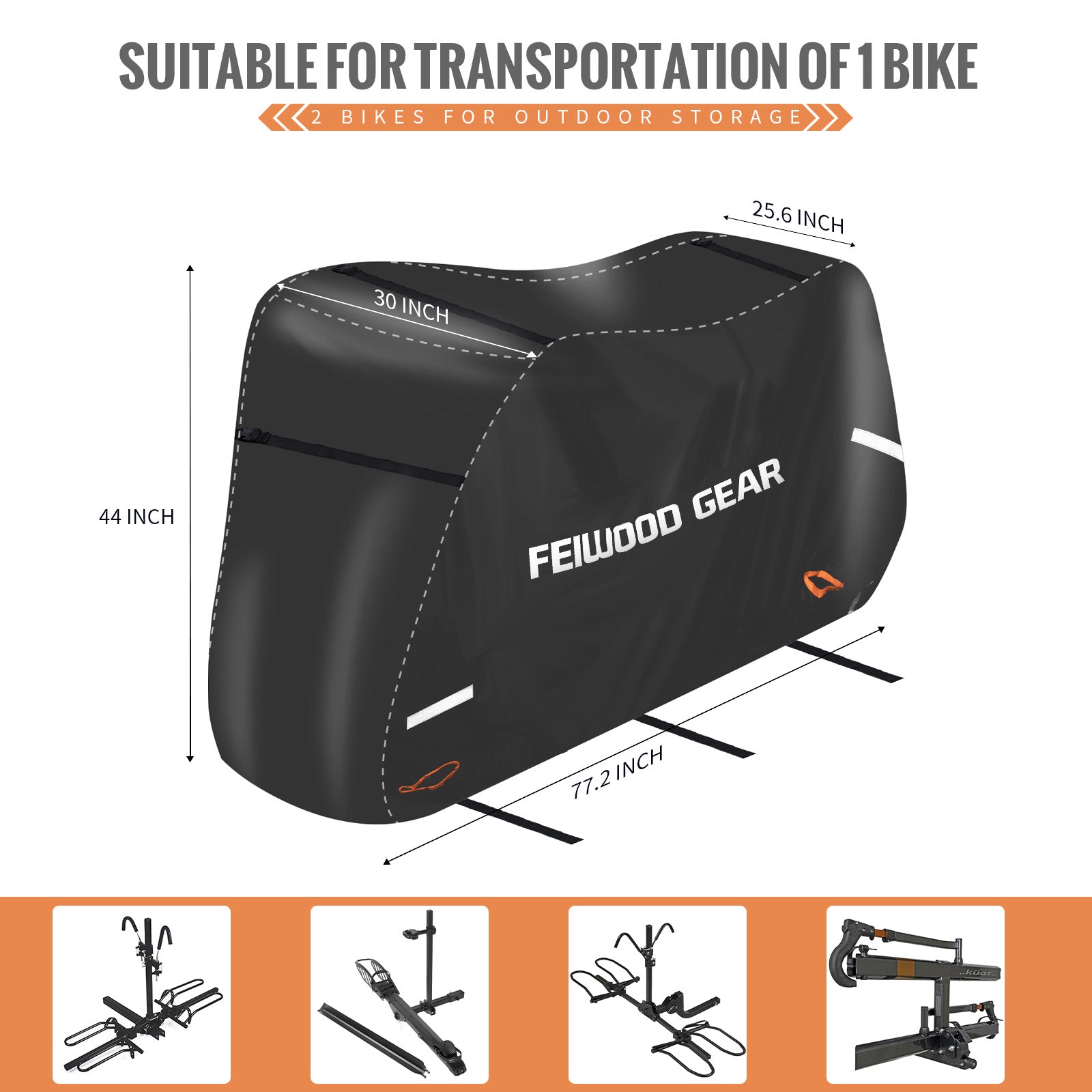 FEIWOOD GEAR Bike Cover for Transport on Rack, Waterproof Bicycle Cover Outdoor Storage for 1 Bike on Rear Bike Rack, Extra Fabric Reinforcement at the Handlebar & Pedal Area