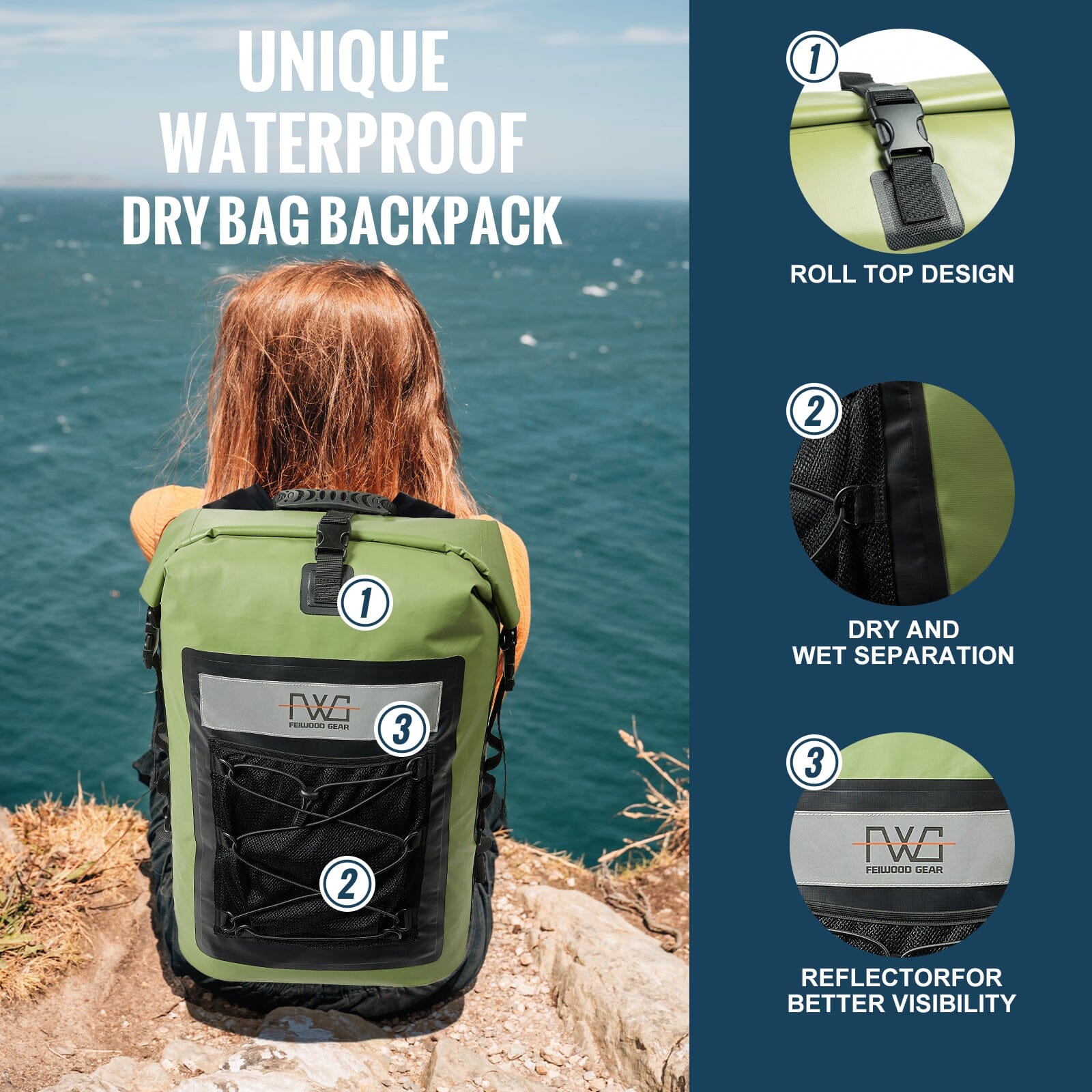 FEIWOOD GEAR Dry Bag Backpack,40L Floating Backpack Roll-Top Closure.