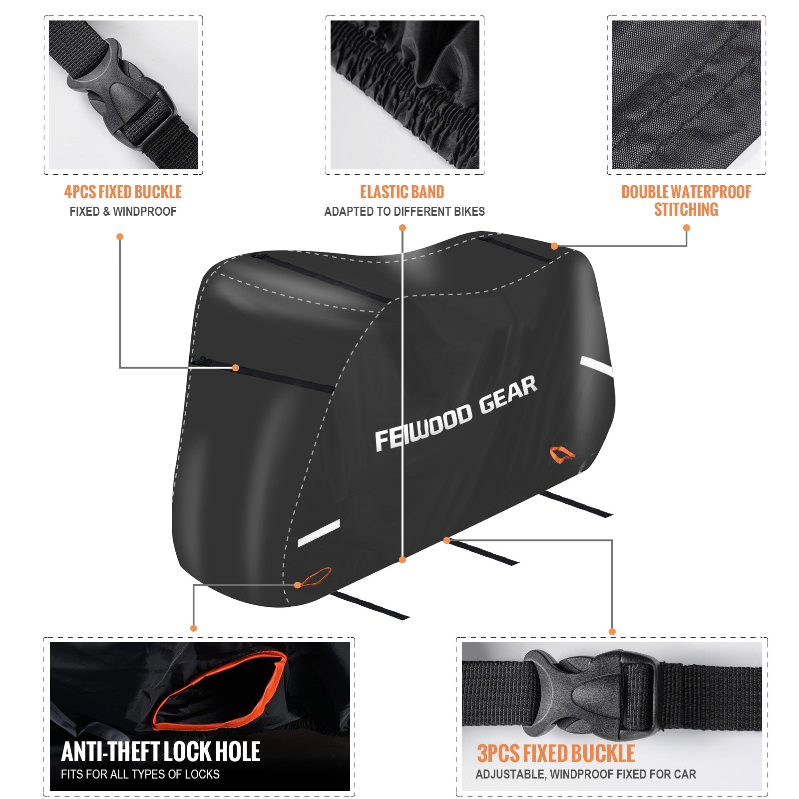 FEIWOOD GEAR Bike Cover for Transport on Rack, Waterproof Bicycle Cover Outdoor Storage for 1 Bike on Rear Bike Rack, Extra Fabric Reinforcement at the Handlebar & Pedal Area