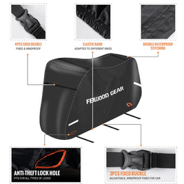 FEIWOOD GEAR Bike Cover for Transport on Rack, Waterproof Bicycle Cover Outdoor Storage for 1 Bike on Rear Bike Rack, Extra Fabric Reinforcement at the Handlebar & Pedal Area