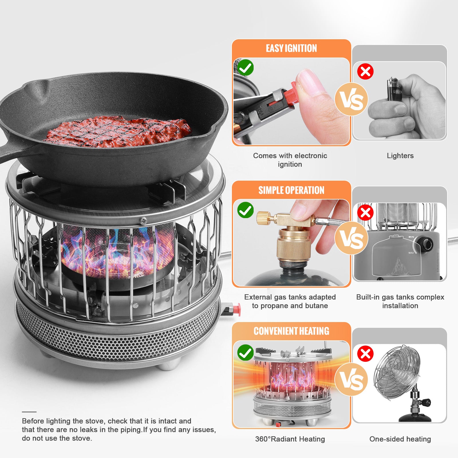 FEIWOOD GEAR 2 in 1 Portable Propane Heater & Stove, 3680 BTU-13500 BTU, Outdoor Heater Gas Stove with ignition