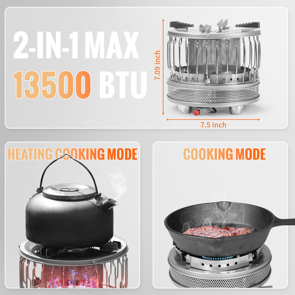 FEIWOOD GEAR 2 in 1 Portable Propane Heater & Stove, 3680 BTU-13500 BTU, Outdoor Heater Gas Stove with ignition